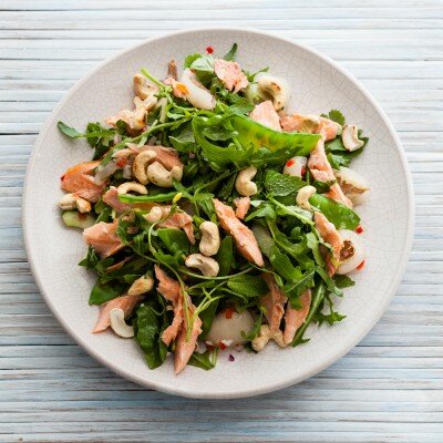 Trout with rocket, lychees and sweet lime dressing recipe